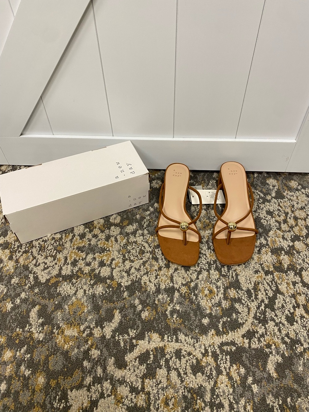 Brown Strap Slide Sandals with Gold Accent -